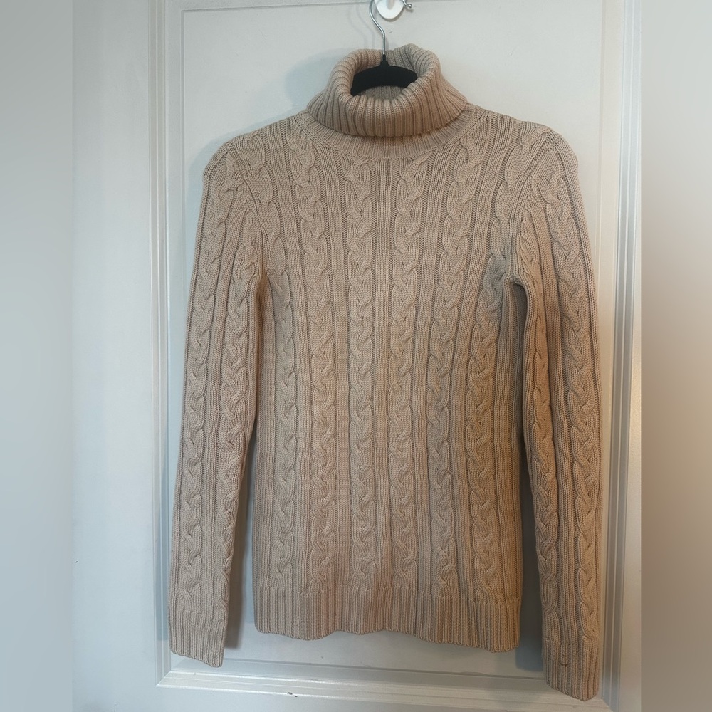 Theory Wool Cable-knit Turtleneck Tan Sweater, Small/Tall